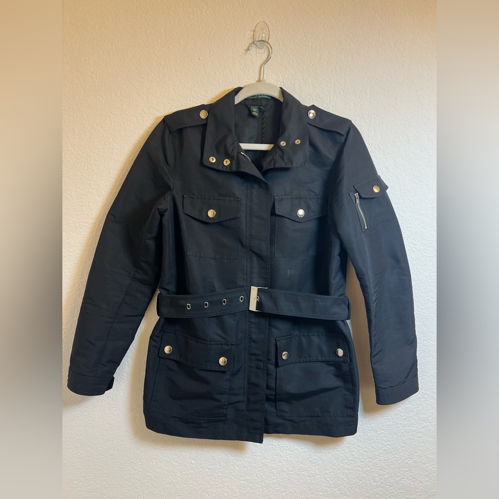 Ralph Lauren Black Utility Jacket with Belted Waist and Epaulettes Size Small
